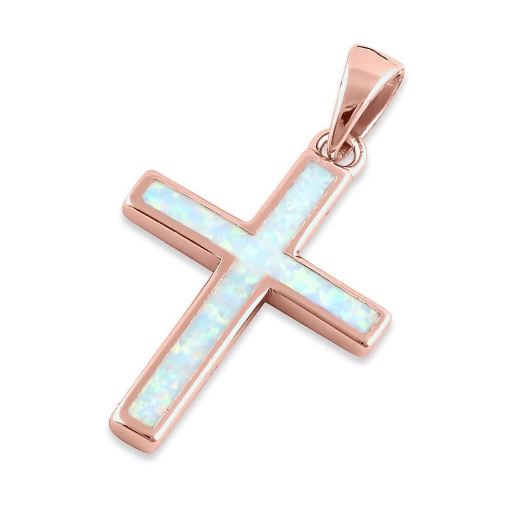 Rose Gold White Lab Opal Cross Necklace Pendant New